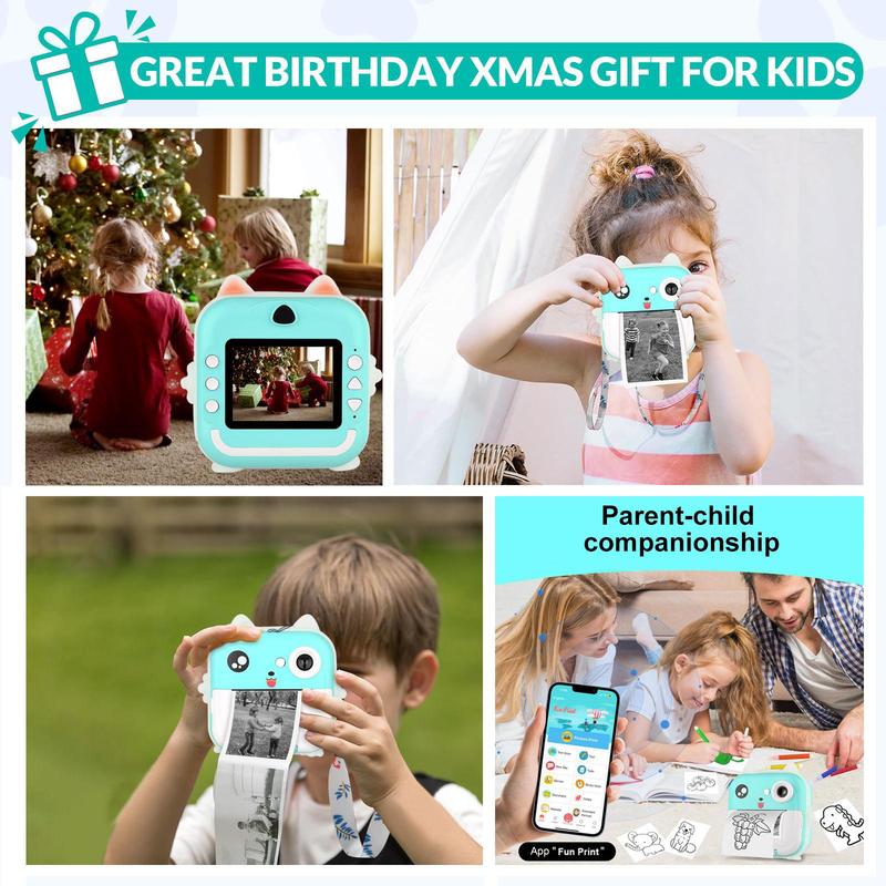 Cartoon Design Instant Print Camera, 1 Set Instant Print Camera with 2 Rolls Print Paper & 5 Counts Colored Pen & 1 Count Sticker, Label Printer for Office Supplies, Photo Camera, Instant Camera