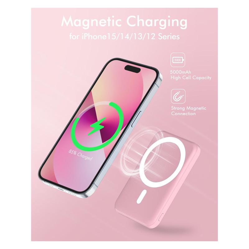 Ultra-thin Podoru 5000mAh Power Bank,  Compact Magnetic Battery Pack Fast Wireless Charger and Type-C Cable, Magsafe for iPhone 16 15 14 13 12 Series