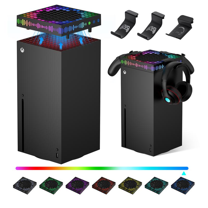 Cooling Fan for Xbox Series X with RGB Light Strip & 3 Detachable Hooks, Wiilkac 4 in 1 Top Fan Cooling System with Built-in Dust Filter, 3 Level Adjustable Speed Fan Cooler & Independent Fan Switch Accessories Console