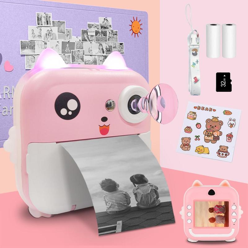 Cartoon Design Instant Print Camera, 1 Set Instant Print Camera with 2 Rolls Print Paper & 5 Counts Colored Pen & 1 Count Sticker, Label Printer for Office Supplies, Photo Camera, Instant Camera