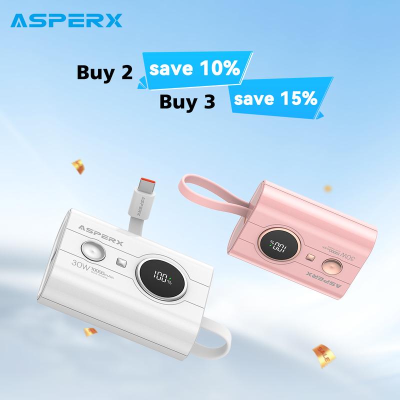 AsperX 30W Fast Charging Portable Charger 10000mAh Mini Power Bank, Built-in Type-C Cable, LED Display Battery Pack Compatible with iPhone 15 14 13, Samsung S24 S23, Google, LG, Airpods, iPad, etc Accessories Mobile for Stocking Stuffers
