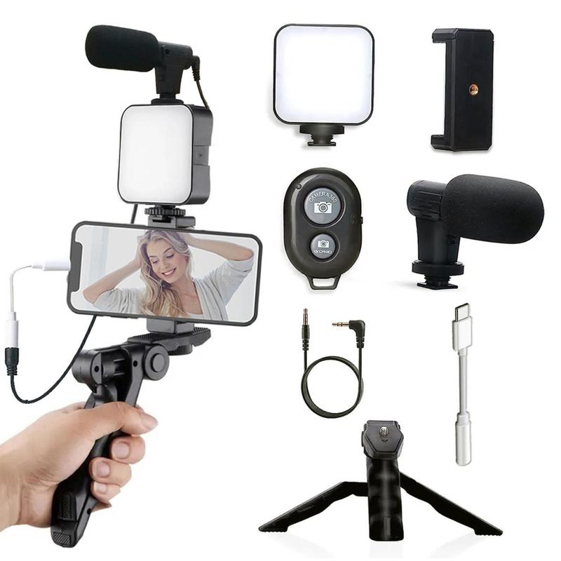 5-in-1 Cellphone Stand Stabilizer with LED Fill Light, Portable Smartphone Tripod for iPhone & Android, Folding Tripod Stand For Live Streaming, Selfie Accessories, Phone Tripod