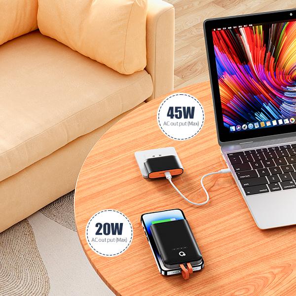 Separate 45W Black  Portable Charger Built-in Cables and AC Wall Plug, Q Usb C Fast Charger Power Bank,10000mAh External Battery Pack Compatible with iPhone，Android  Smart Device，Laptop，Ipad