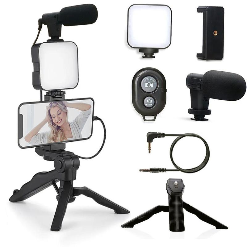 5-in-1 Cellphone Stand Stabilizer with LED Fill Light, Portable Smartphone Tripod for iPhone & Android, Folding Tripod Stand For Live Streaming, Selfie Accessories, Phone Tripod