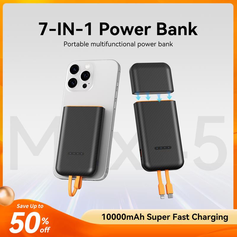 Separate 45W Black  Portable Charger Built-in Cables and AC Wall Plug, Q Usb C Fast Charger Power Bank,10000mAh External Battery Pack Compatible with iPhone，Android  Smart Device，Laptop，Ipad