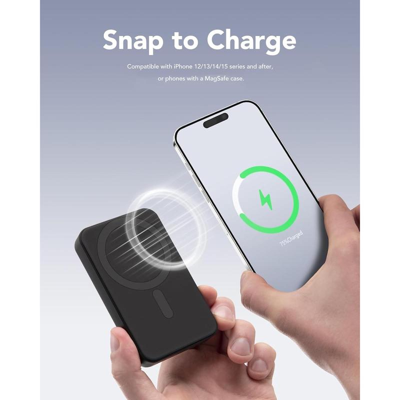 Snap Power Bank, 10000mAh 20W MagSafe Compatible Battery Pack with a Foldable Stand, Fast Charging and Portable Magnetic Power Bank, Compatible for iPhone 12 13 14 15 Series, Black