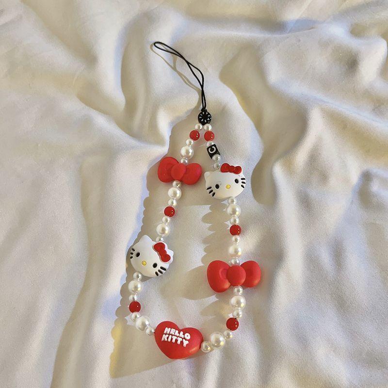 SANRIO Cute Cartoon Cat Beaded Phone Chain, Fashion Beaded Phone Lanyard, Phone Strap for Women & Girls, Mobile Phone Decorative Accessories
