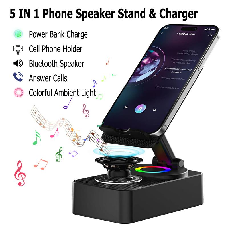 YOYOWAY Wireless Audio Bluetooth Speaker with Power Bank, 5 in 1 Phone Electronics Speaker Stand & Charger, Emergency Power Bank, Bluetooth 5.0 FM HD Bassup Answer Calls, Speakers for Kitchen Gym Outdoors Travel Party