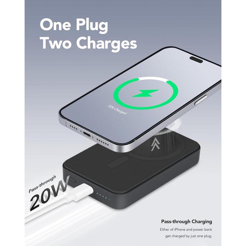 Snap Power Bank, 10000mAh 20W MagSafe Compatible Battery Pack with a Foldable Stand, Fast Charging and Portable Magnetic Power Bank, Compatible for iPhone 12 13 14 15 Series, Black