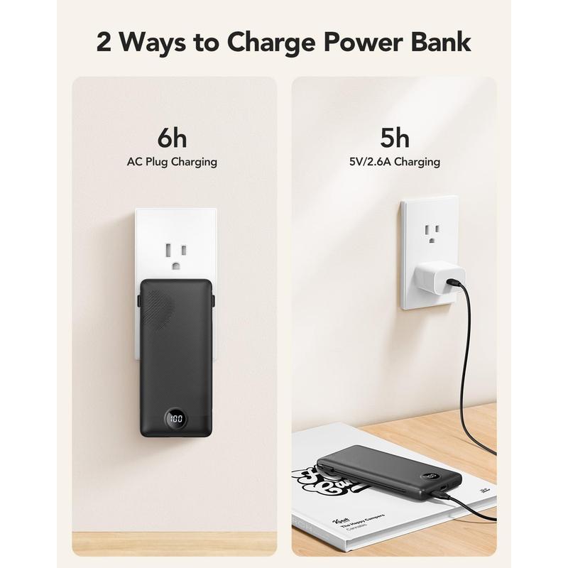 Portable Charger Built-in Cables and AC Wall Plug, USB C Power Bank 10000mAh, [2024 Upgraded Version] VRURC Phone Charger Compact Lightweight External Battery Pack for Smart Phones, Tablets-Pure Black