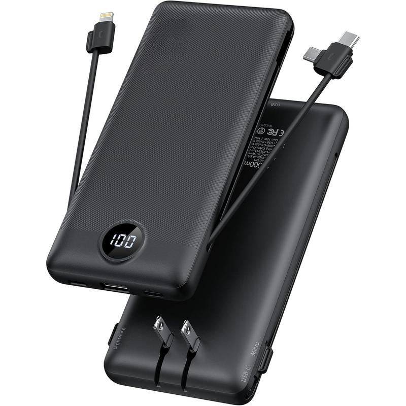 Portable Charger Built-in Cables and AC Wall Plug, USB C Power Bank 10000mAh, [2024 Upgraded Version] VRURC Phone Charger Compact Lightweight External Battery Pack for Smart Phones, Tablets-Pure Black