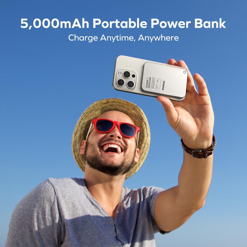 MOMAX Chargeable Magnetic Power Bank, 5000mAh Wireless Portable Charger, Wired Fast Charging Battery Compatible with Magsafe iPhone 15 14 13 12 Series Electronic Cellphone Smartphone