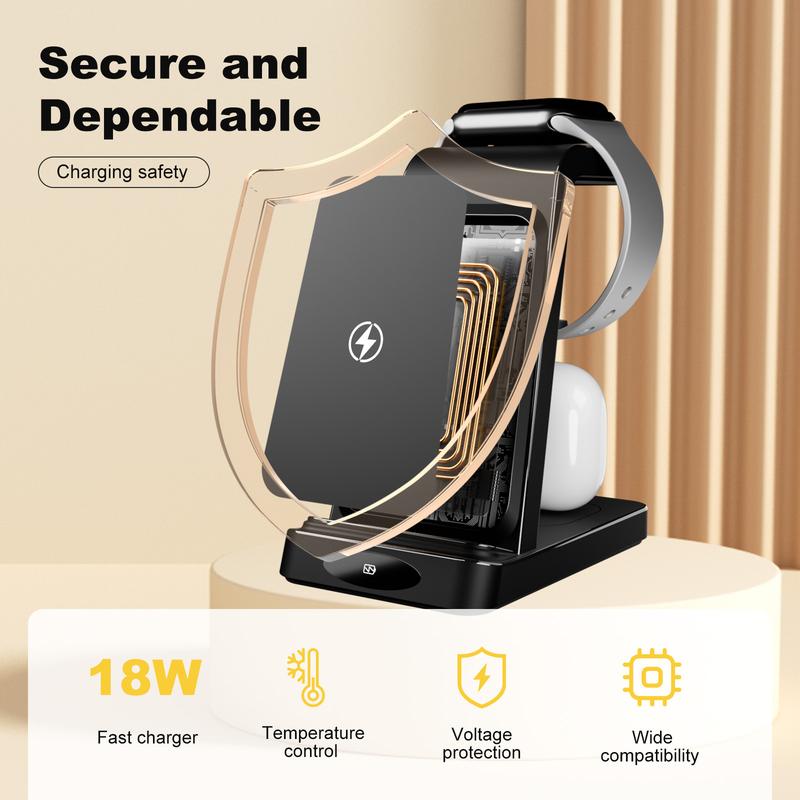 Wireless Charger 3-in-1 Charging Stand for Fast Simultaneous Electronic Mobile Wireless Charging station of iPhone, AirPods, and iWatch Series, Suitable for Home and Office UseWireless Charging station Smartphone Cellphone