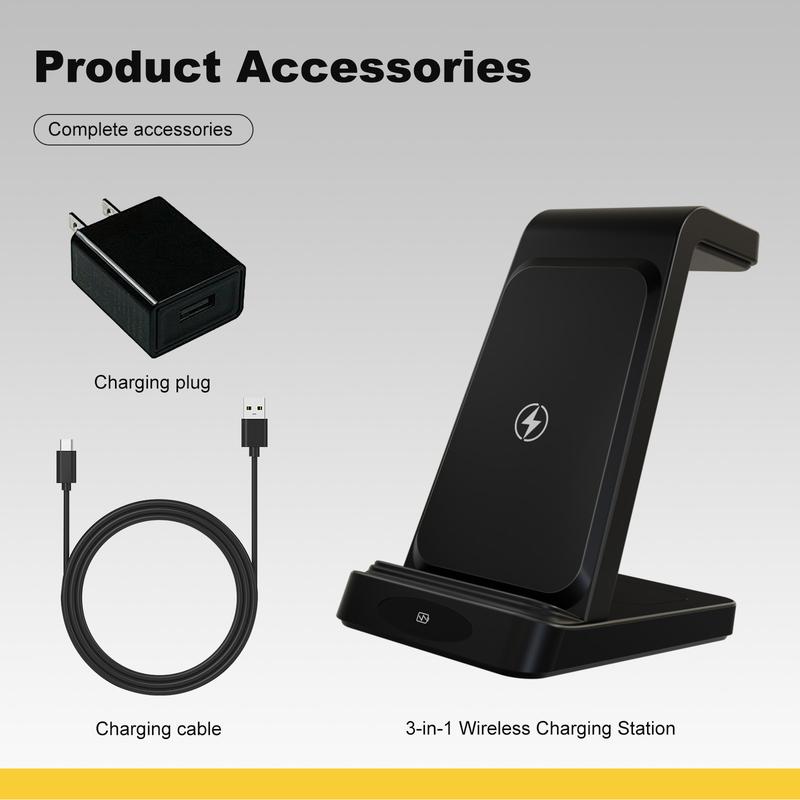 Wireless Charger 3-in-1 Charging Stand for Fast Simultaneous Electronic Mobile Wireless Charging station of iPhone, AirPods, and iWatch Series, Suitable for Home and Office UseWireless Charging station Smartphone Cellphone