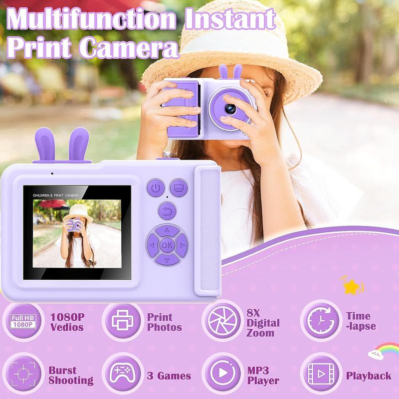 Camera Instant Print,1080P  Instant  Camera for  That Print Photos, Christmas Birthday Gifts for Girls, Digital Camera  for  6 7 8 9 10 Year Old Boys SD Card (Purple)