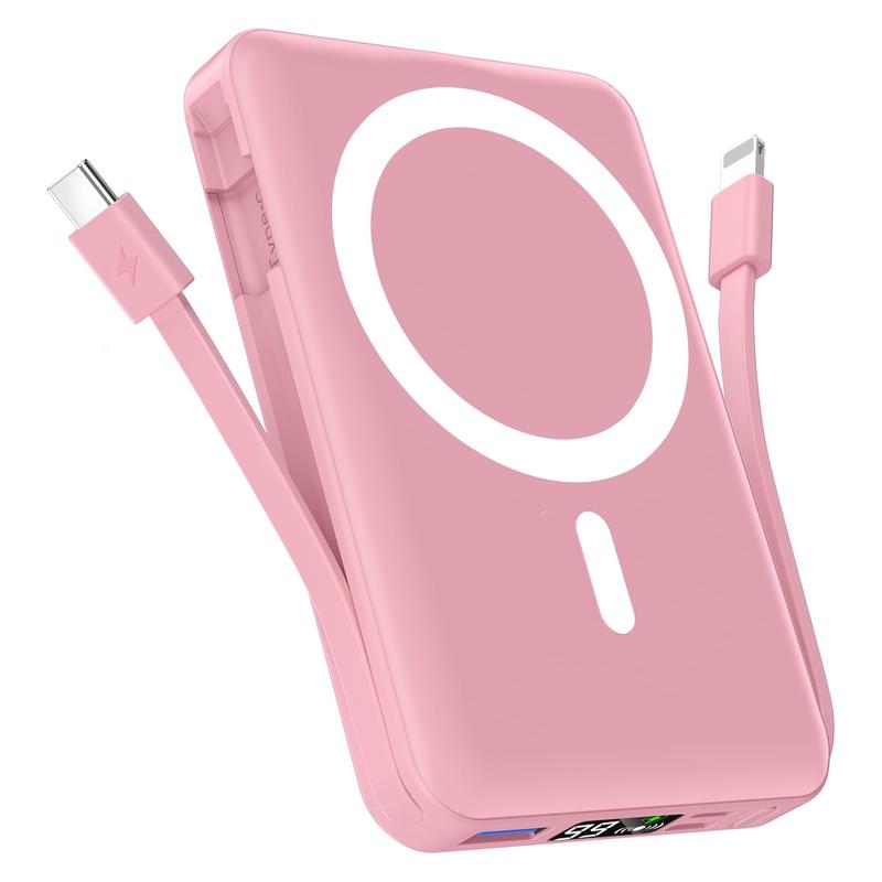 Podoru for MagSafe Battery Pack, 10000mAh Power Bank Built-in USB C Lighting Cables Wireless Portable Charger iPhone 16 15 14 13 12 Series Accessories