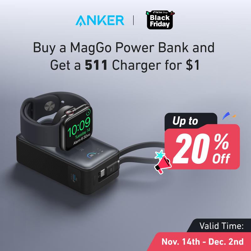 Anker MagGo Power Bank for Apple Watch, Officially Certified 10,000mAh Compact Battery with Built-in USB-C Cable 35W Max [Black Friday Deal]