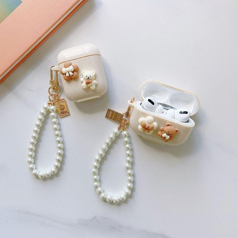Cute Bear & Bowknot Design Earphone Case with Keychain, Decorative Earphone Protector Cover, Earphone Accessories Compatible with AirPods
