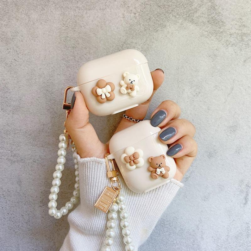 Cute Bear & Bowknot Design Earphone Case with Keychain, Decorative Earphone Protector Cover, Earphone Accessories Compatible with AirPods