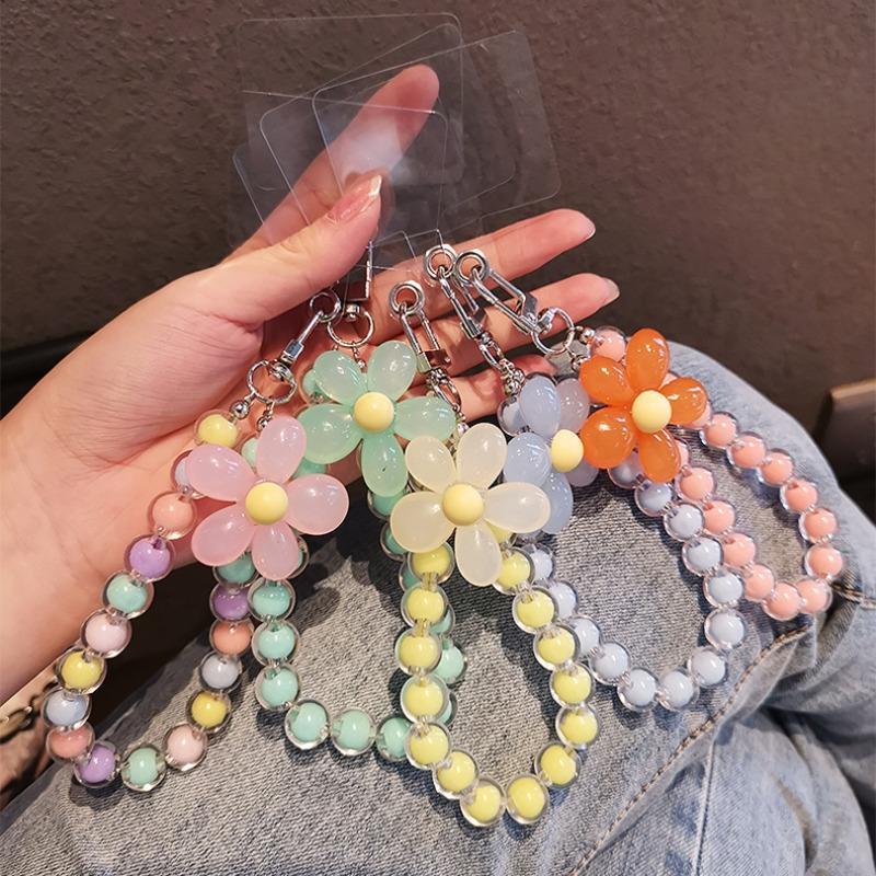 Cute Flower Design Phone Lanyard, Colorful Bead Decor Phone Strap, Key Short Wrist Pendant, Phone Anti-lost Lanyard for Women & Girls