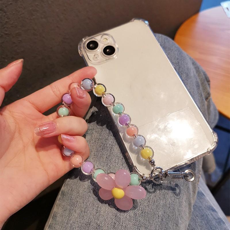 Cute Flower Design Phone Lanyard, Colorful Bead Decor Phone Strap, Key Short Wrist Pendant, Phone Anti-lost Lanyard for Women & Girls