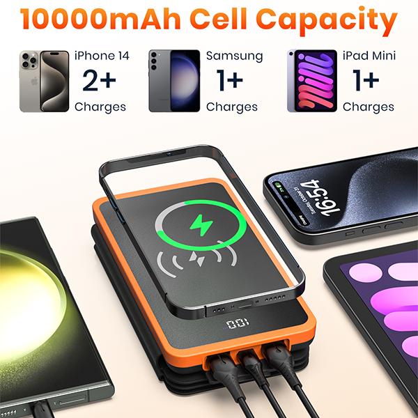 Cyber Monday Sale - Hiluckey Wireless Solar Power Bank 10000mAh, 3 Outputs Solar Battery Charger with 3 Foldable Solar Panels, USB-C 15W Fast Charging, Portable Phone Charger for iPhones and Android Smartphones