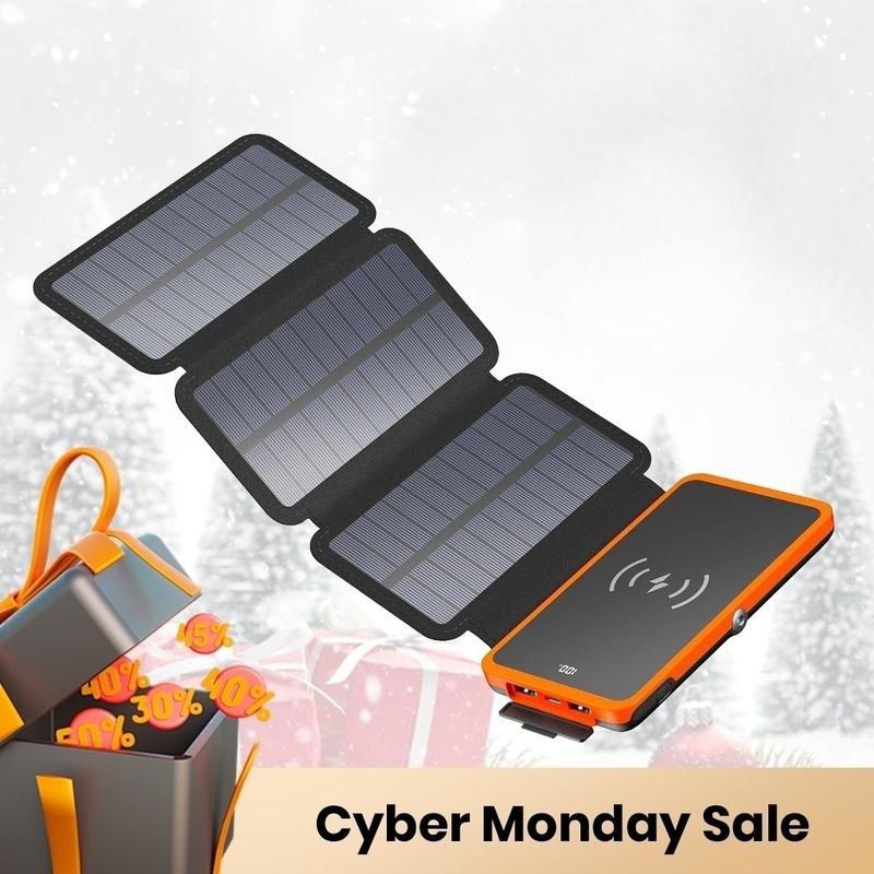 Cyber Monday Sale - Hiluckey Wireless Solar Power Bank 10000mAh, 3 Outputs Solar Battery Charger with 3 Foldable Solar Panels, USB-C 15W Fast Charging, Portable Phone Charger for iPhones and Android Smartphones