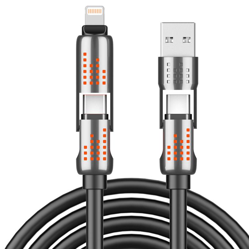240W 4-in-1 USB-C Cable - PD 5A Fast Charging & Data Sync with USB A, Type C & Lightning, LED Breathing Light, Aluminum Alloy Design, 4FT Silicone Cable, Compatible with iPhone 16 15, iPad Pro, Samsung Devices, and Laptops