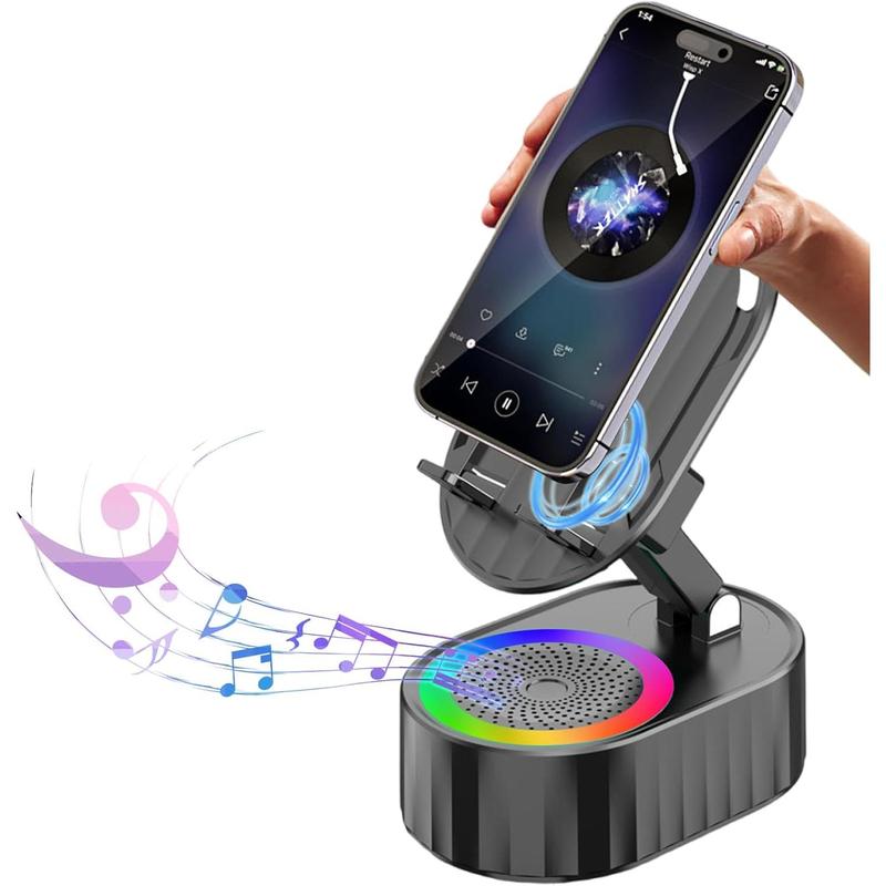 Wireless Induction Audio Bluetooth Speaker 5in1 Phone Holder Emergency Rejected (3000mAh) with Colorful Ambient Light 300 ° Foldable for Tablet iPhone Android, Gifts for Men Women (Black)  Cellphone
