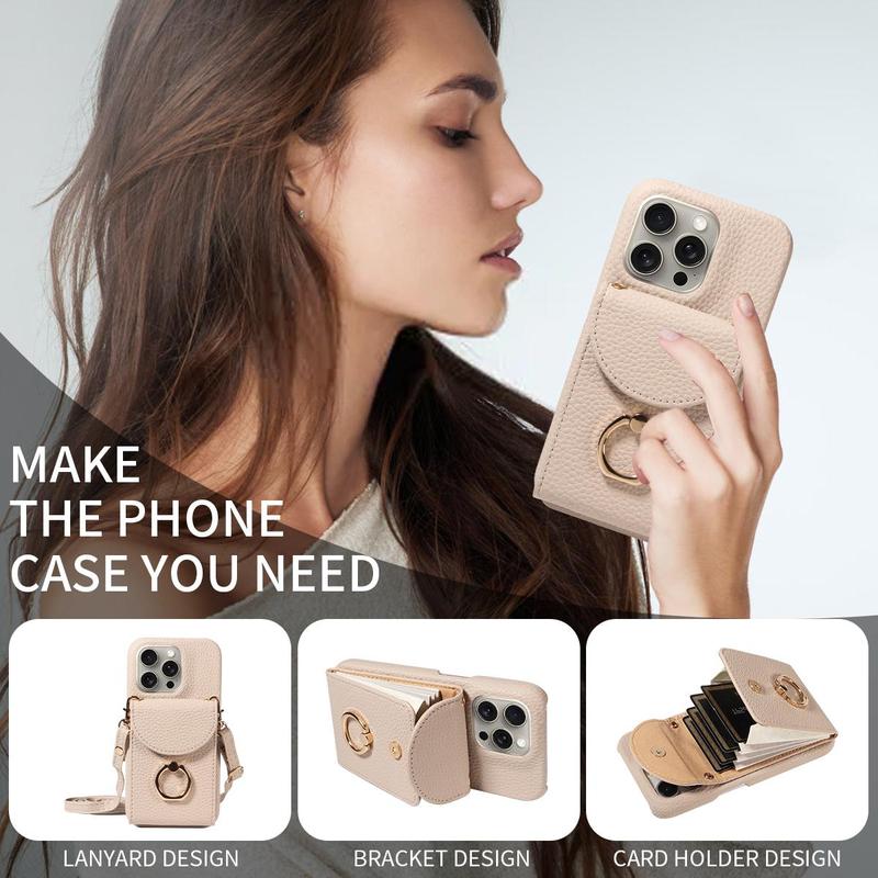 Fashionable Phone Case with Card Bag & Ring Holder & Lanyard, 1 Count Multi-functional Phone Protective Cover, Phone Accessories Compatible with iPhone Series