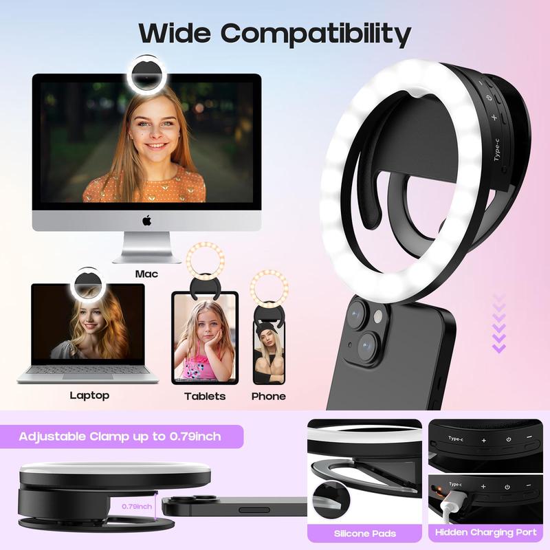 Rotatable Selfie Ring Light, USB Rechargeable Clip-on Ring Light with 3 Color Temperatures, Camera Accessories for Photo & Video