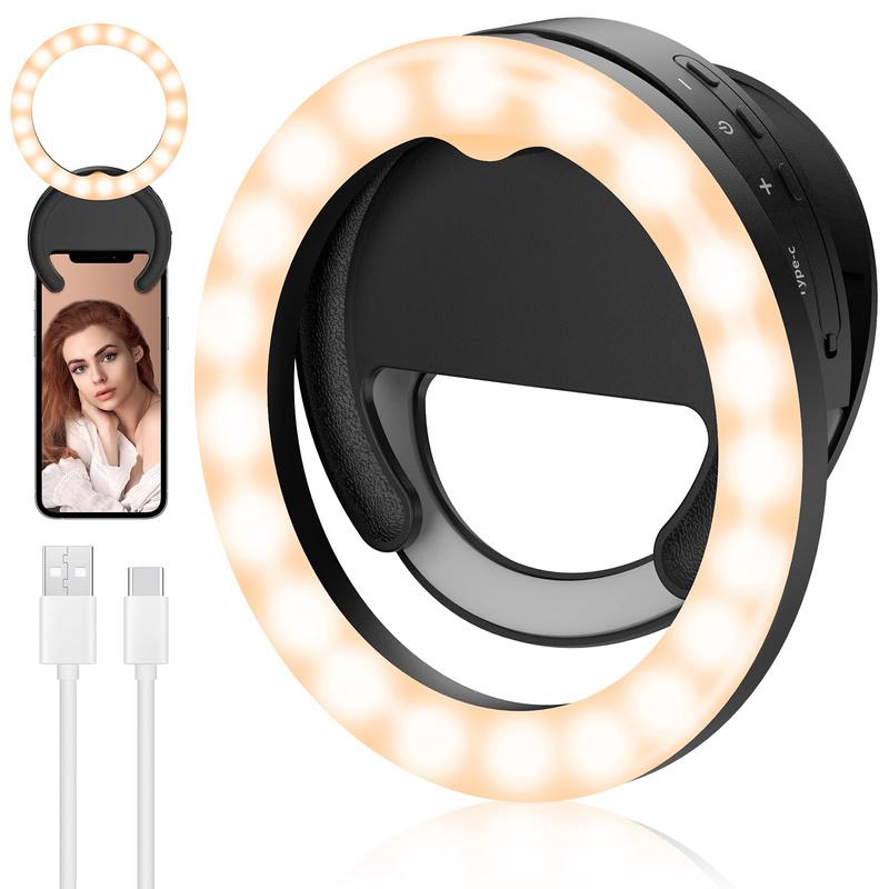 Rotatable Selfie Ring Light, USB Rechargeable Clip-on Ring Light with 3 Color Temperatures, Camera Accessories for Photo & Video