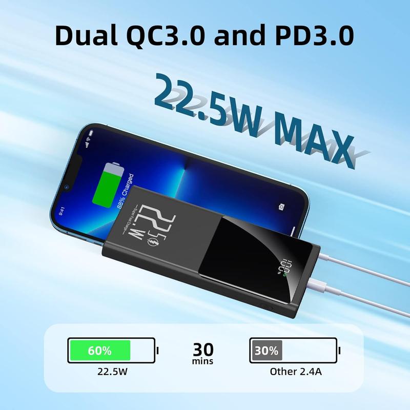 Portable Charger 10000mAh, Power Bank 22.5W Fast Charge, Slim Battery Backup with USB C in Out, LCD Display External Battery Pack Compatible with iPhone 16 15 14 13 12, Samsung, Google, Android etc