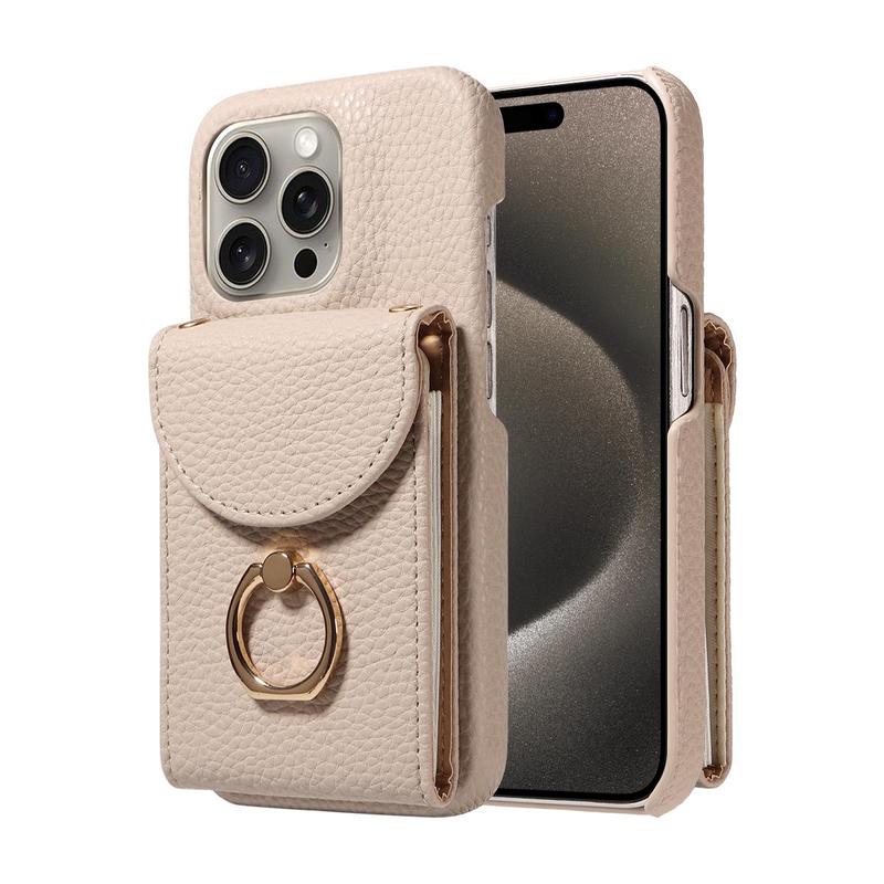 Fashionable Phone Case with Card Bag & Ring Holder & Lanyard, 1 Count Multi-functional Phone Protective Cover, Phone Accessories Compatible with iPhone Series