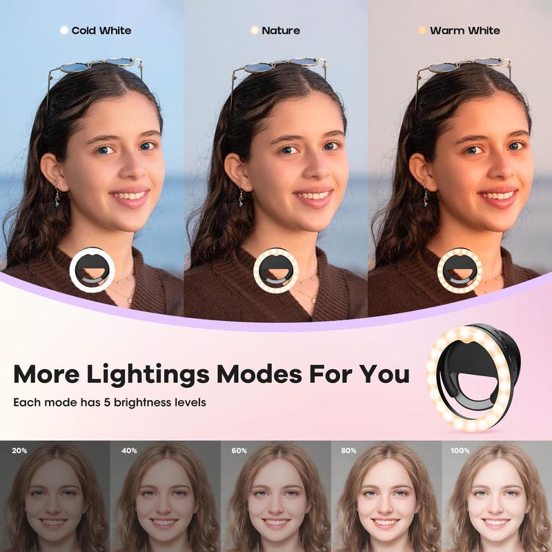 Rotatable Selfie Ring Light, USB Rechargeable Clip-on Ring Light with 3 Color Temperatures, Camera Accessories for Photo & Video