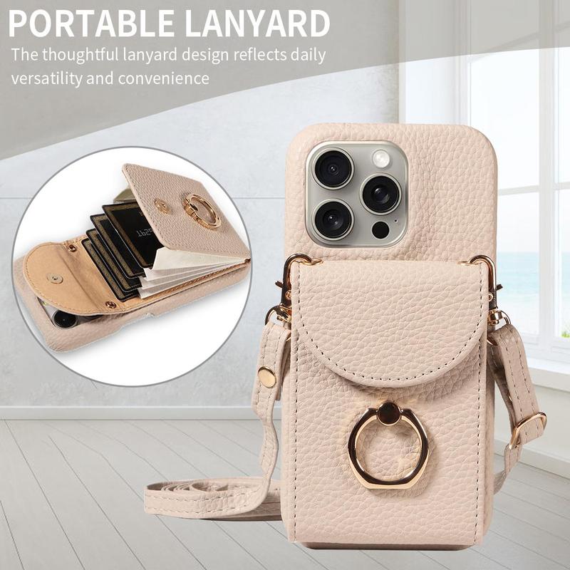 Fashionable Phone Case with Card Bag & Ring Holder & Lanyard, 1 Count Multi-functional Phone Protective Cover, Phone Accessories Compatible with iPhone Series