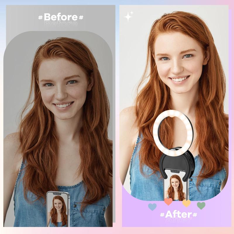 Rotatable Selfie Ring Light, USB Rechargeable Clip-on Ring Light with 3 Color Temperatures, Camera Accessories for Photo & Video