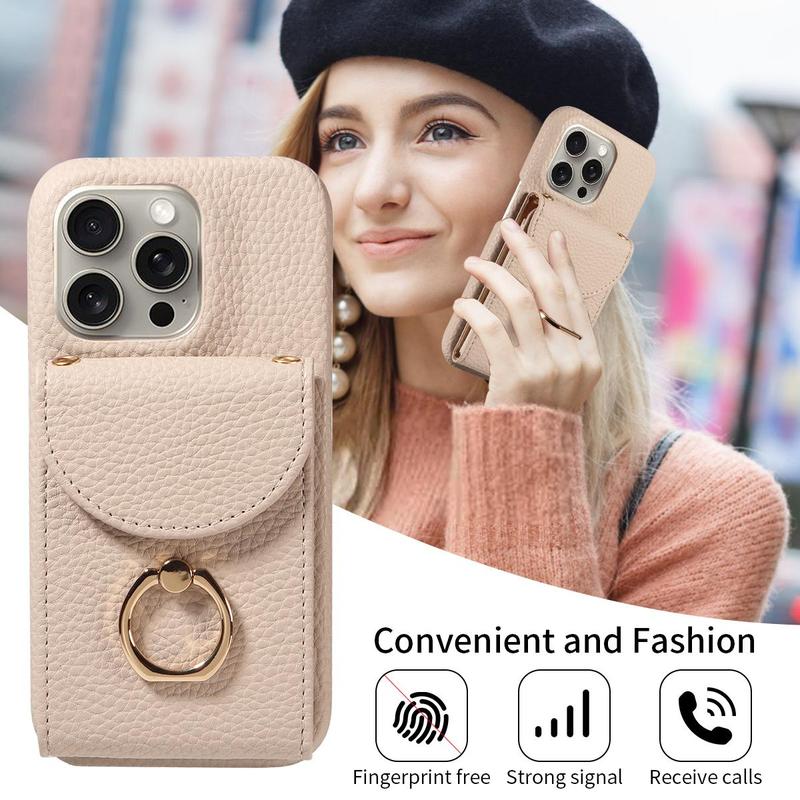 Fashionable Phone Case with Card Bag & Ring Holder & Lanyard, 1 Count Multi-functional Phone Protective Cover, Phone Accessories Compatible with iPhone Series