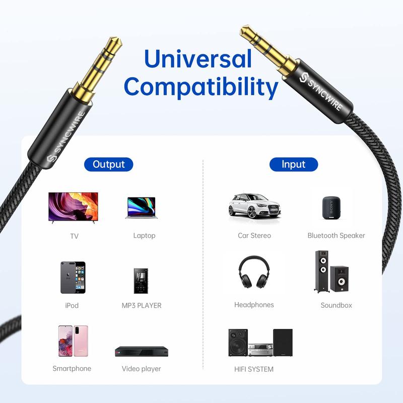Syncwire Long Aux Cable 6.5Ft- Auxiliary Audio Cable for Headphones, Car, Home Stereos, iPhone Ipad iPod Echo Dot, Galaxy S8 Smartphones &More - Black