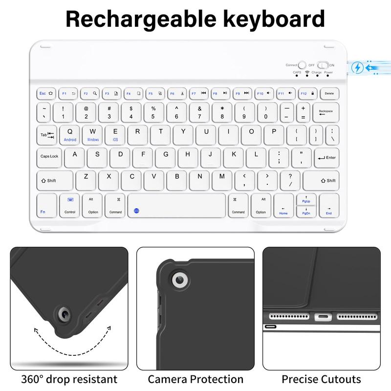 Tablet Case with Detachable Keyboard, 1 Count Tablet Protective Cover with Pencil Holder, Tablet & Computer Accessories Compatible with iPad