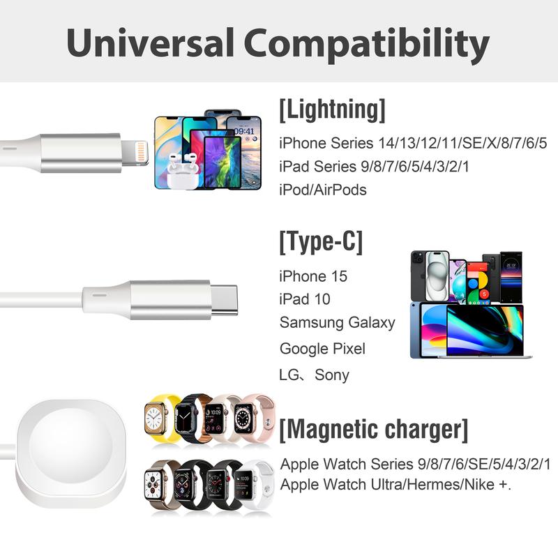 USB Type-C to iWatch iPhone Lightning Type-C Multi Charger Cable, 3-in-2 Retractable Multiple Car Fast Charging Cord smartphone cellphone mobile smartphone cellphone electronic mobile patible with iPhone Apple Watch iPad Android Phone charger cords