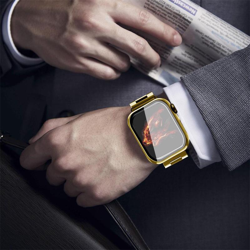 Stainless Steel Watch Band with Tempered Glass Screen Case (2 Counts set), Watch Band for Apple Watch 49mm 44mm 45mm 40mm 41mm, Smart Watch Accessories