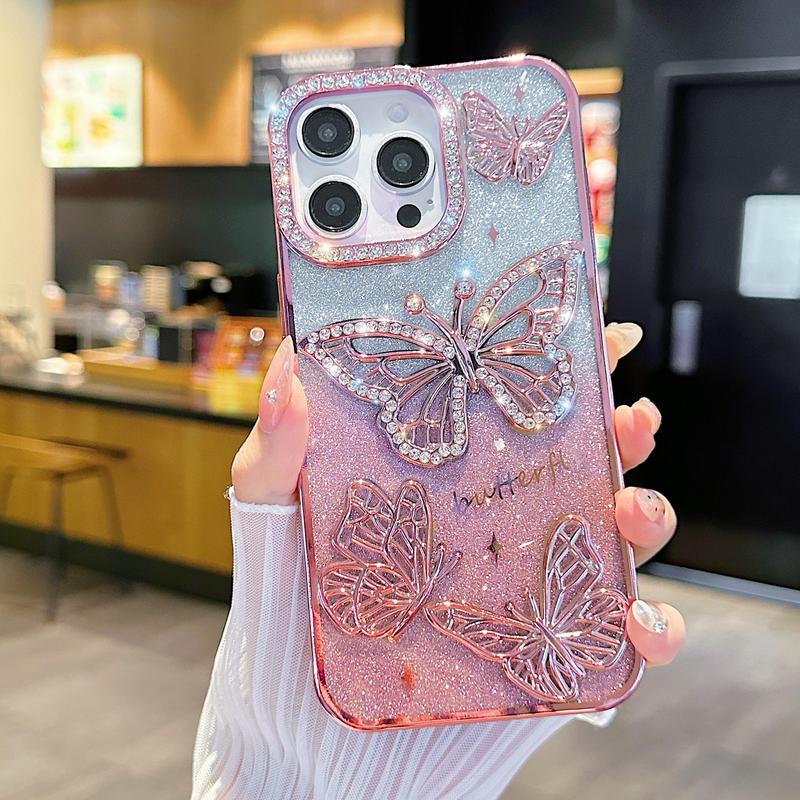 Butterfly Pattern Phone Case, Rhinestone Decor Phone Protective Cover, Phone Accessory Compatible with iPhone 16 Pro Max 15 14 13 12 11