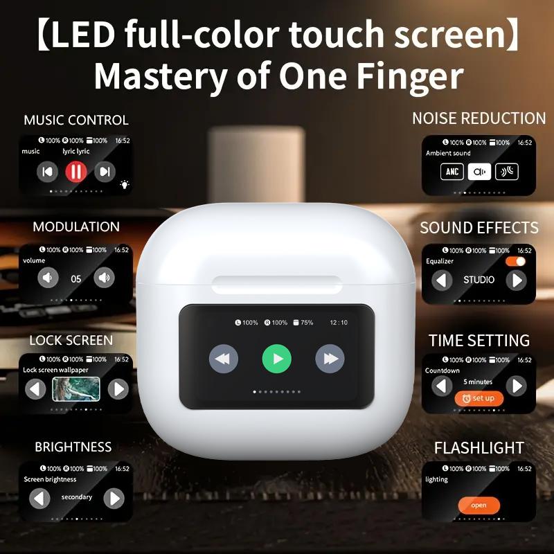 Full-Color Display Bluetooth Earphone，Touch Screen Earphone Noise Cancellation Bluetooth Earphones ， With Double Mic 500mAh Charging Case，Long Life In-Ear Lightweight Headphones Audio Headset（Buy One Get One Free Charging Case）