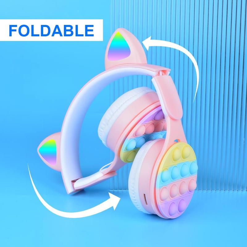 Cartoon Ear Design Foldable Wireless Microphone Headphones, Over-Ear Wireless Gaming Headphone, Portable Folding Noise Cancelling Headphones for Home Outdoor