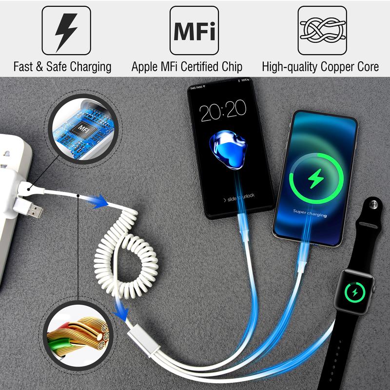 USB Type-C to iWatch iPhone Lightning Type-C Multi Charger Cable, 3-in-2 Retractable Multiple Car Fast Charging Cord smartphone cellphone mobile smartphone cellphone electronic mobile patible with iPhone Apple Watch iPad Android Phone charger cords