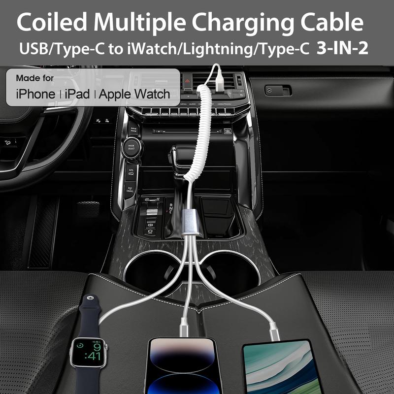 USB Type-C to iWatch iPhone Lightning Type-C Multi Charger Cable, 3-in-2 Retractable Multiple Car Fast Charging Cord smartphone cellphone mobile smartphone cellphone electronic mobile patible with iPhone Apple Watch iPad Android Phone charger cords
