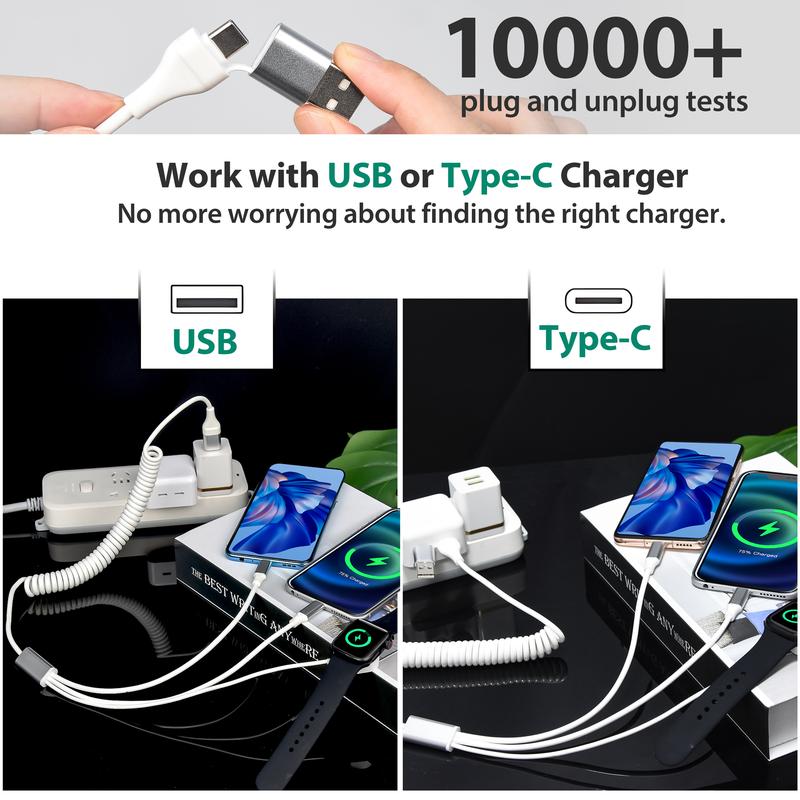 USB Type-C to iWatch iPhone Lightning Type-C Multi Charger Cable, 3-in-2 Retractable Multiple Car Fast Charging Cord smartphone cellphone mobile smartphone cellphone electronic mobile patible with iPhone Apple Watch iPad Android Phone charger cords