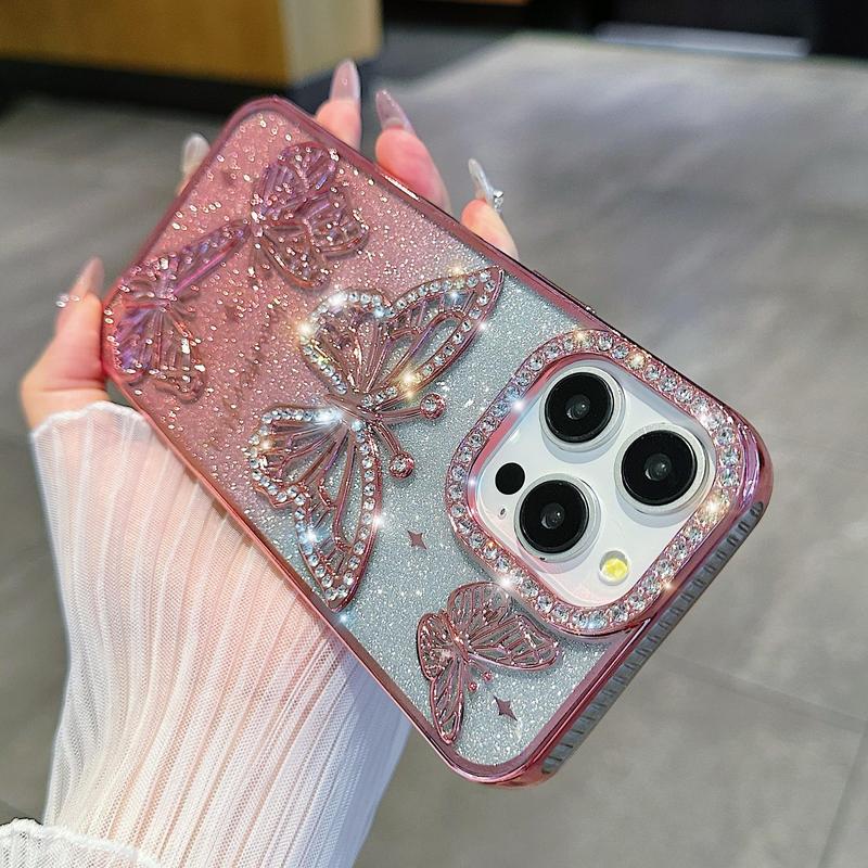Butterfly Pattern Phone Case, Rhinestone Decor Phone Protective Cover, Phone Accessory Compatible with iPhone 16 Pro Max 15 14 13 12 11