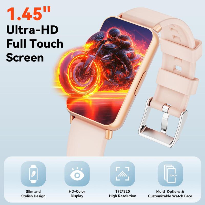 Men's Women's 1.45-inch Smartwatch with Fitness Tracker, Make Receive Calls Multi-Sport Mode Pedometer Message Alerts, IP67 Water Resistant for iPhone and Android Devices, Back to School Gift